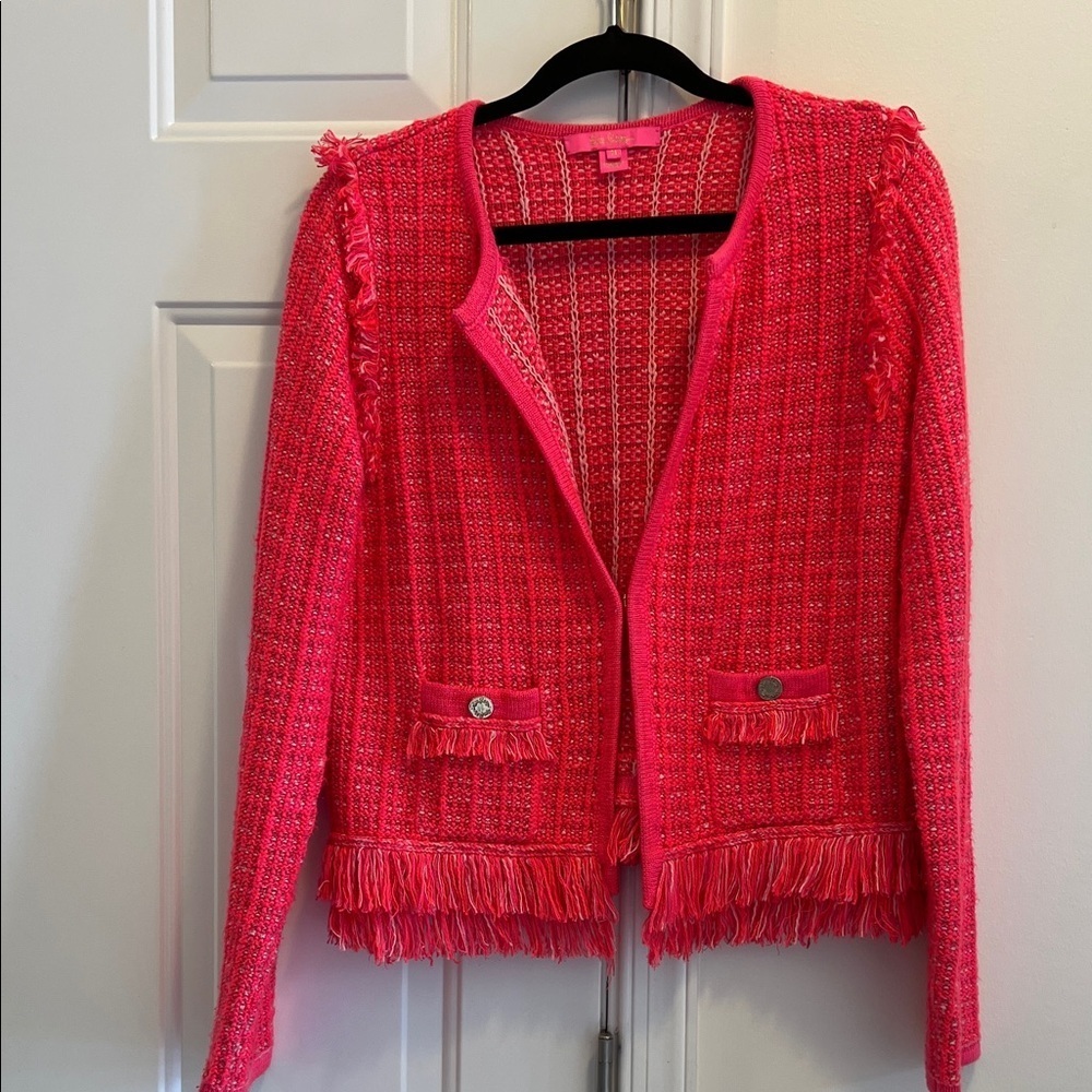 Lilly Pulitzer Vibrant Pink/coral Simora Fringe Cardigen Jacket M - Picture 1 of 5